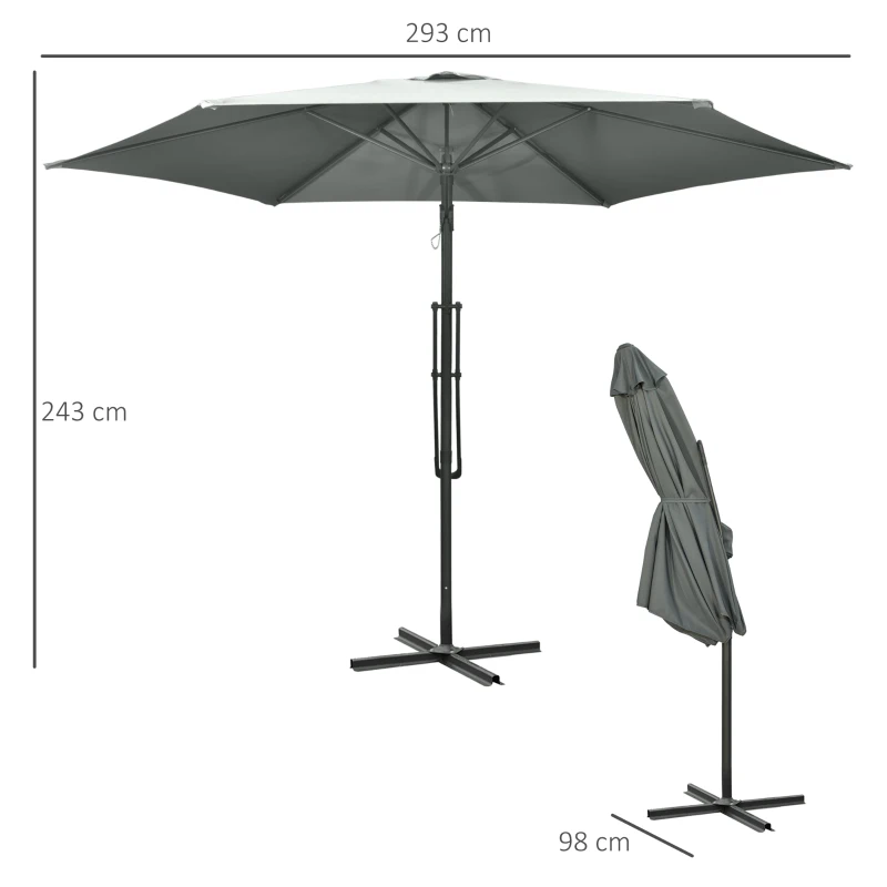 Outsunny Umbrelă cu braț lateral Ø293cm umbrelă de soare cu levier lateral, bază în cruce, protecție la vânt, rezistentă la apă Gri închis