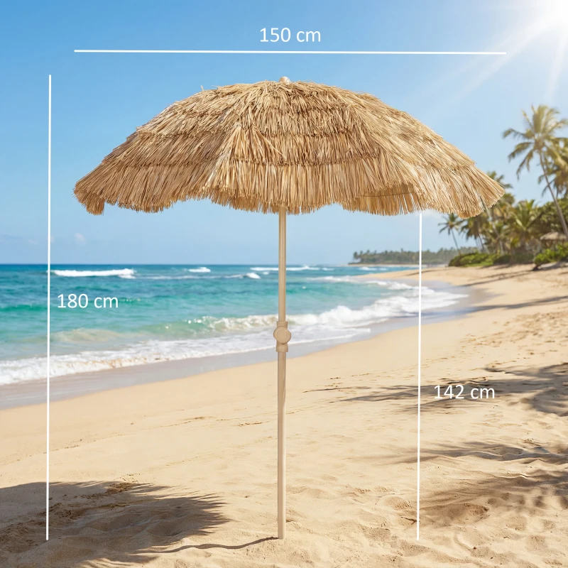 Outsunny 150 cm Hula strooien dak Tiki strand- en tuinparasol met zandanker, verstelbare hoogte en kantelfunctie, strooien dak parasol