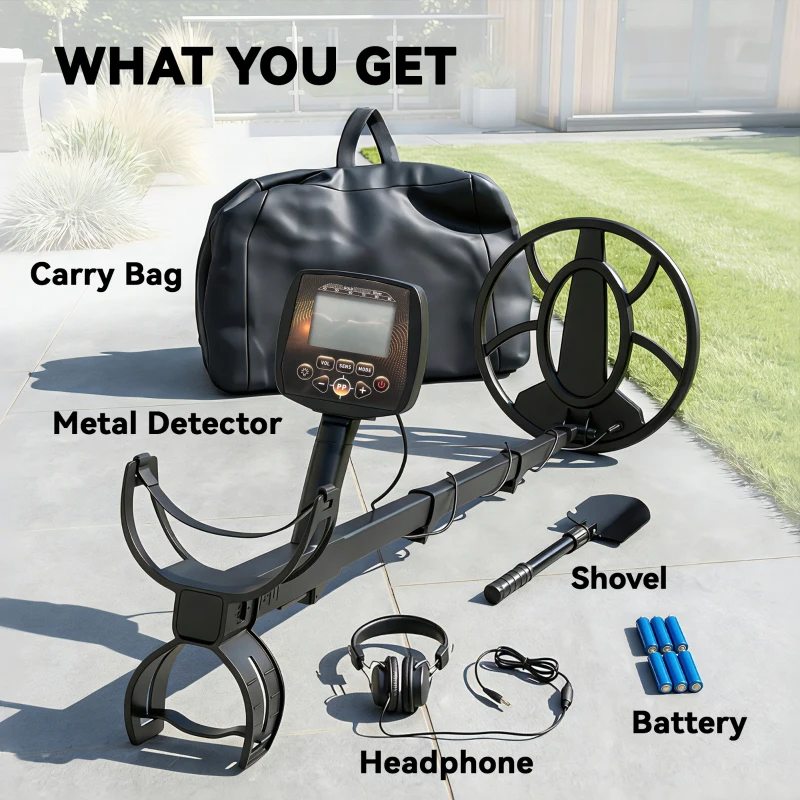 Outsunny Metal Detector for Adults, IP68 Waterproof Search Coil with LCD Display, 5 Modes Gold Detector with Carry Bag, Shovel