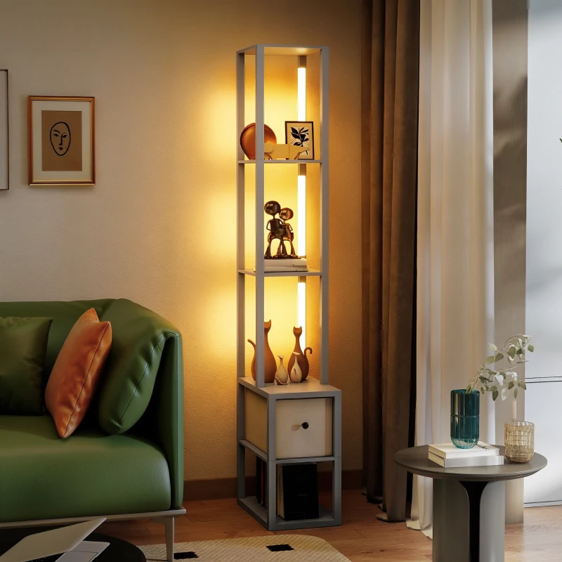 HOMCOM Floor Lamp with Shelves, LED Column Modern Standing Lamp with Fabric Drawer, Adjustable Brightness, Foot Switch for Living Room, Bedroom, Office, Grey