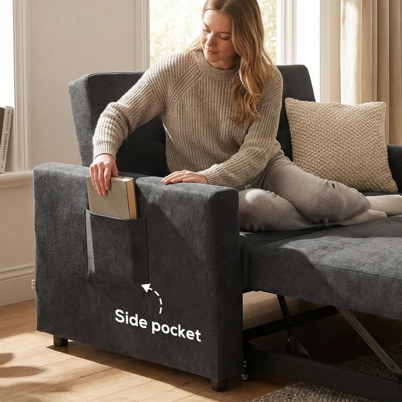 HOMCOM Loveseat Sofa Bed, Convertible Bed Settee with 2 Pillows, Side Pockets, Black