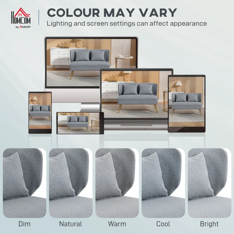 HOMCOM 2 Seater Sofa, Linen-look Fabric Small Sofa with Wing Back, Thick Seat, Metal Legs, Light Grey