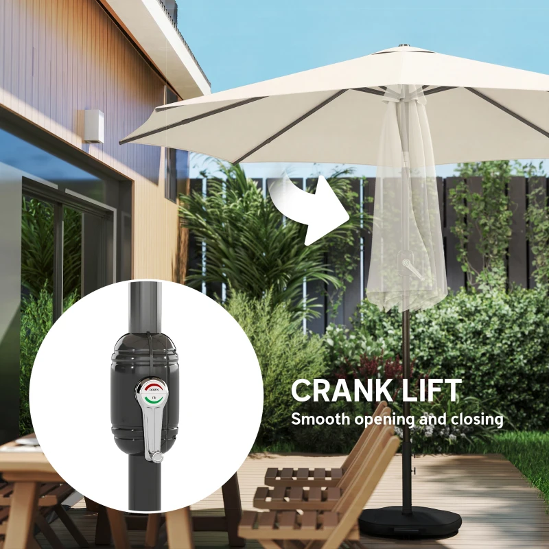 Outsunny 2.7 m Garden Parasol Umbrella with Cross Base and Sandbag, Retractable Ribs, Outdoor Table Market Umbrella, Cream White