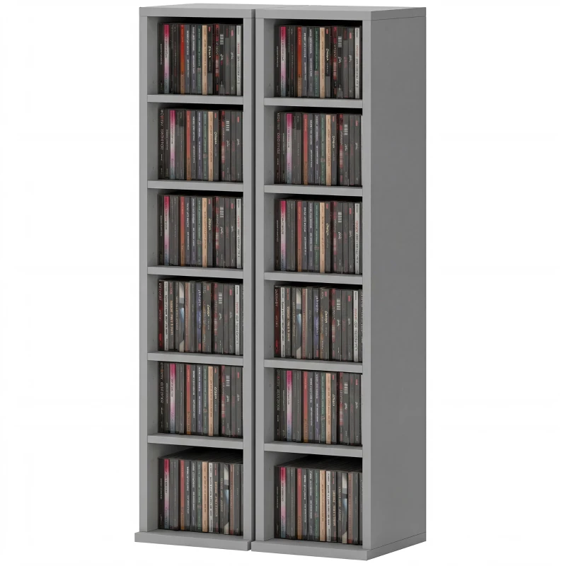 HOMCOM Set of 2 CD Media Display Shelf Unit Tower Rack with Adjustable Shelves, Light Grey