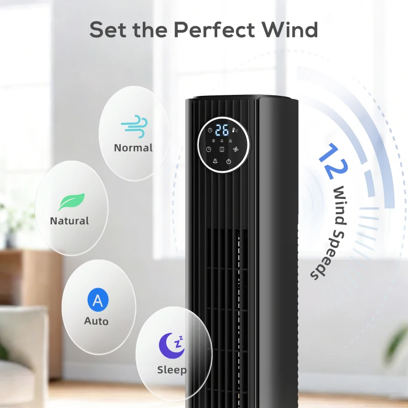 HOMCOM 28dB Tower Fan for Bedroom, 26 ft/s Velocity Standing Cooling Fan with 80° Oscillating, 12 Speeds, LED Display, 4 Modes, 12H Timer, Bladeless, Remote Control, 36 inch, Black