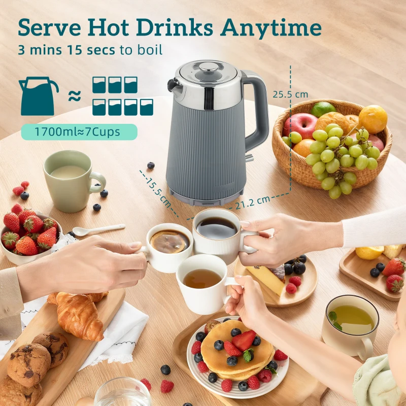 HOMCOM Electric Stainless Steel Kettle and Toaster Set, 3000W 1.7L UK Strix Thermostat Fast Boil Kettle w/ Limescale Filter, Cool Touch Body, 4 Slice Toaster with 7 Browning Levels, Crumb Tray, Grey