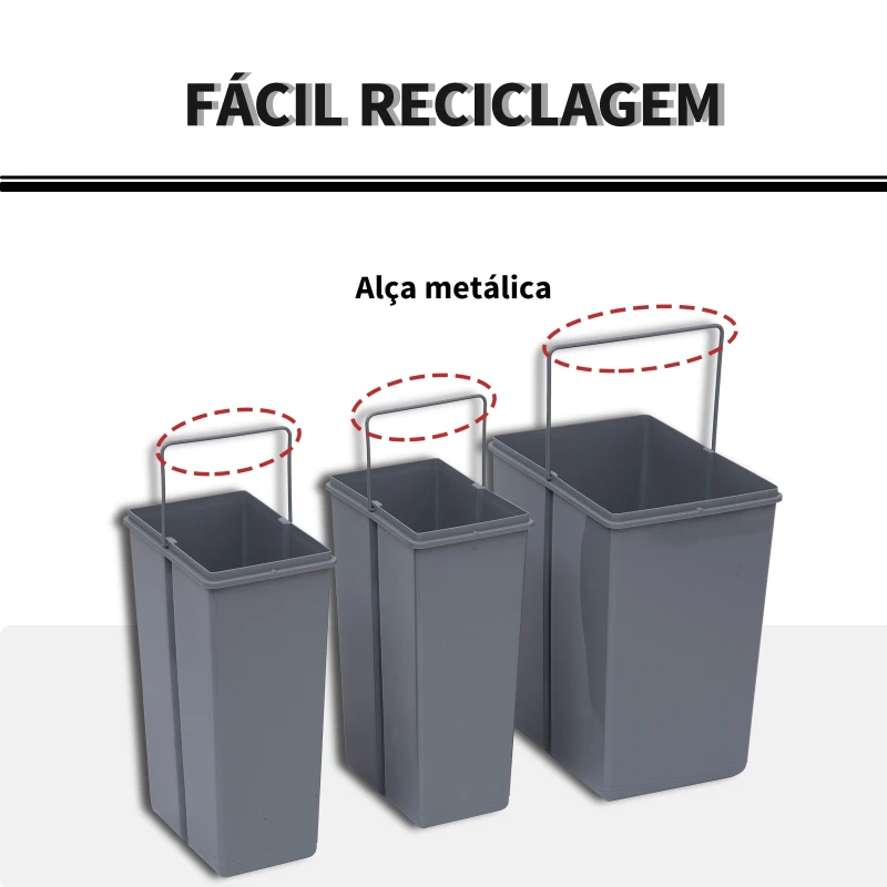 HOMCOM Cubos de Lixo para Cozinha com 3 recipientes de Reciclagem Removíveis 1x20L e 2x10L Metal e Plástico 48x34,2x41,8cm Cinza