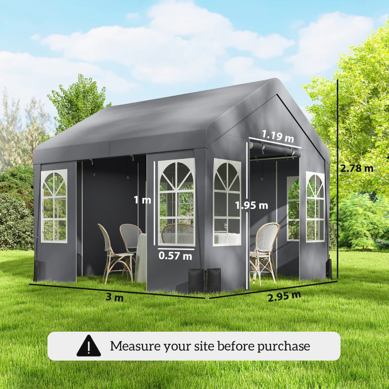 Outsunny 3 x 3 m Party Tent, Outdoor Canopy Tent Shelter with Removable Sidewalls, 4 Zipped Doors, for Parties, Wedding, Grey