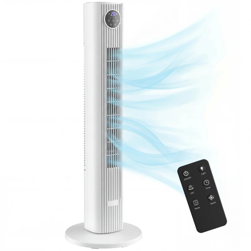 HOMCOM 28dB Tower Fan for Bedroom, 26 ft/s Velocity Standing Cooling Fan with 80° Oscillating, 12 Speeds, LED Display, 4 Modes, 12H Timer, Bladeless, Remote Control, 36 inch, White