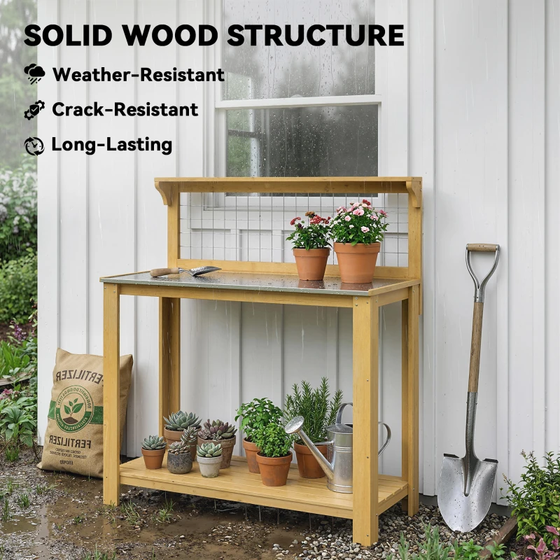 Outsunny Wooden Potting Bench Table with Aluminium Worktop, Outdoor Garden Workbench with 2 Shelves