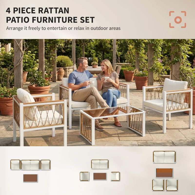Outsunny 4 Piece Rattan Garden Furniture Set with Loveseat, 2 Armchairs, Table, Metal Frame Patio Conversation Set, Cream White