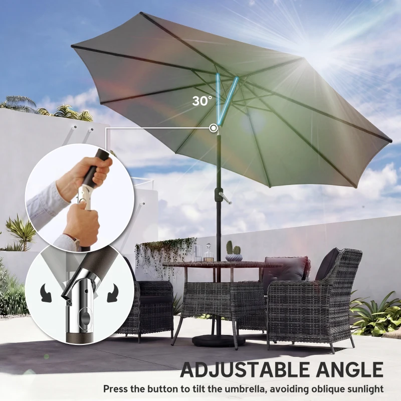Outsunny 2.7 m Garden Parasol Umbrella with Cross Base and Sandbag, Retractable Ribs, Outdoor Table Market Umbrella, Light Grey