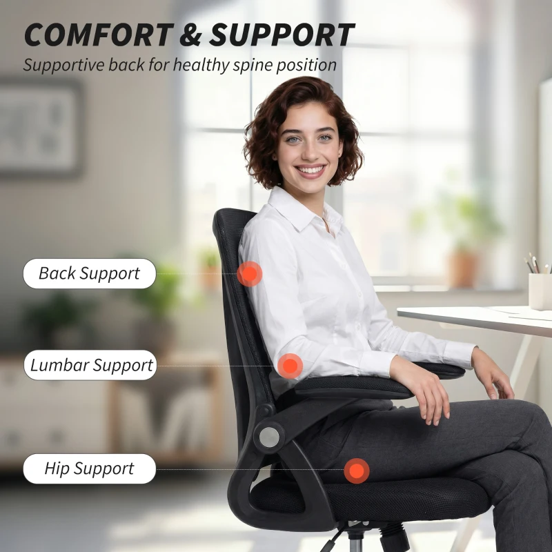 HOMCOM Office Chair, Mesh Desk Chair with Flip-up Armrests, Lumbar Support, Adjustable Height, Black