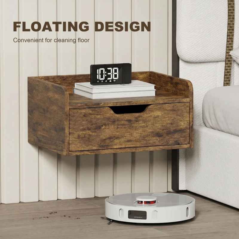HOMCOM Floating Nightstands Set of 2, Wall Mounted Bedside Table with Drawer for Bedroom, Rustic Brown