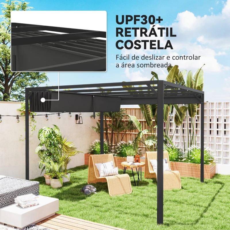 Outsunny Pérgola de Jardim de Alumínio 3x3 m com Teto Retrátil e Lateral Enrolável UPF30+ Pérgola para Exterior Cinza