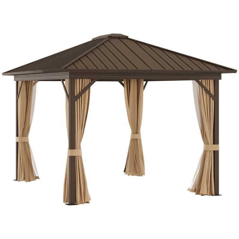 Outsunny 3 x 3.6m Outdoor Hardtop Gazebo Metal Roof Patio Gazebo with Aluminium Frame, Mesh Nettings, Curtains, & Roomy Interior Space, Brown