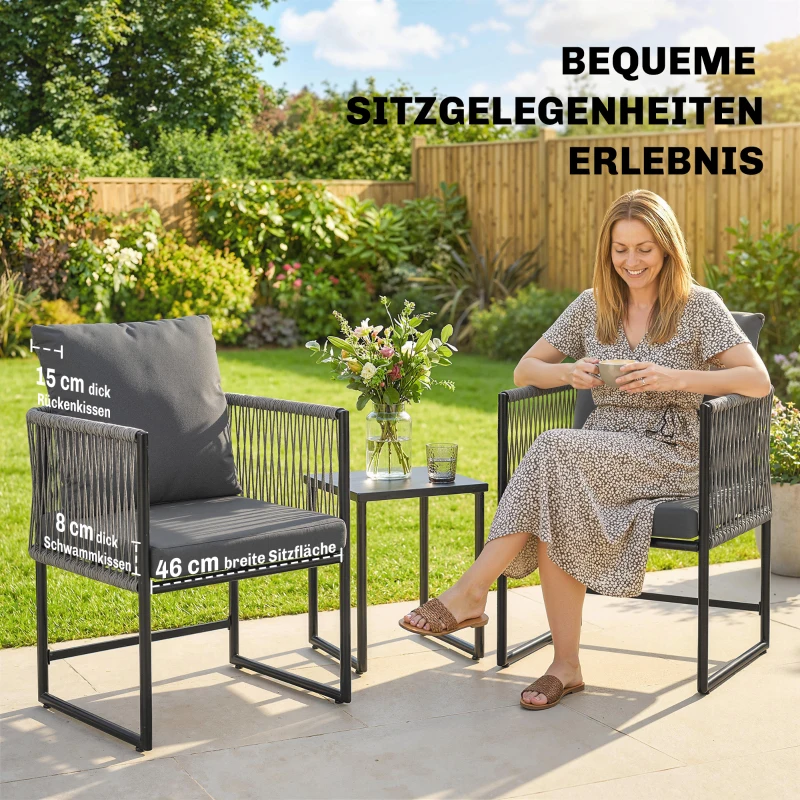 Outsunny Tuinstoel set van 2 weerbestendige tuinstoelen van staal en PE-rattan met kussen armleuning rugleuning 52x52x66 cm Donkergrijs