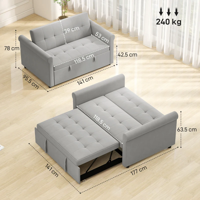 HOMCOM Two-Seater Velvet-Feel Sofa Bed - Grey