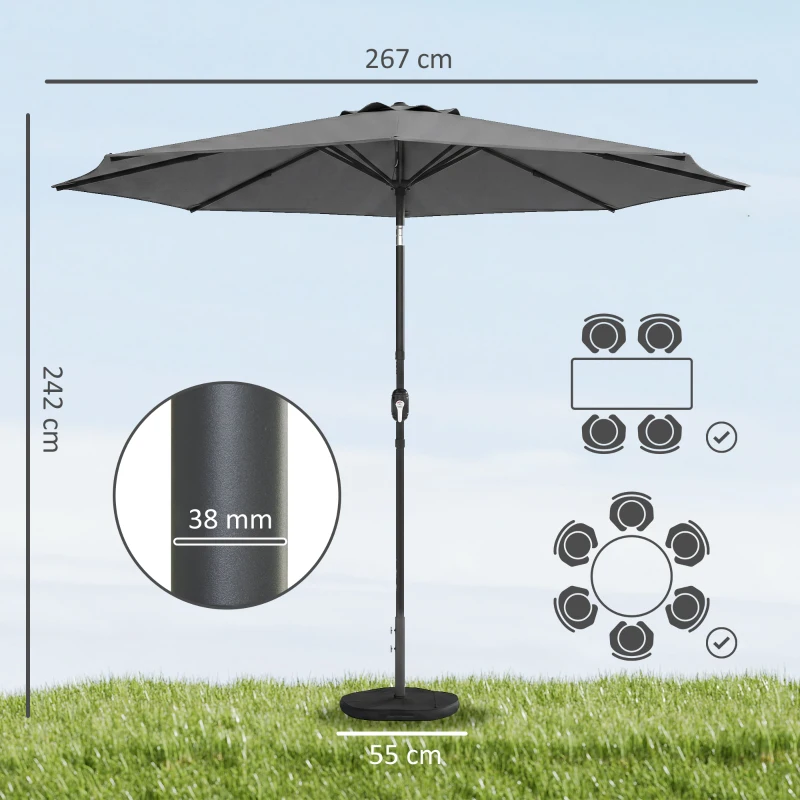 Outsunny 2.7 m Garden Parasol Umbrella with Cross Base and Sandbag, Retractable Ribs, Outdoor Table Market Umbrella, Light Grey