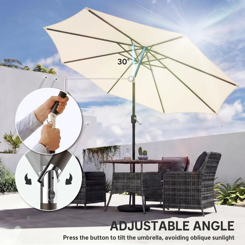 Outsunny 2.7 m Garden Parasol Umbrella with Cross Base and Sandbag, Retractable Ribs, Outdoor Table Market Umbrella, Cream White