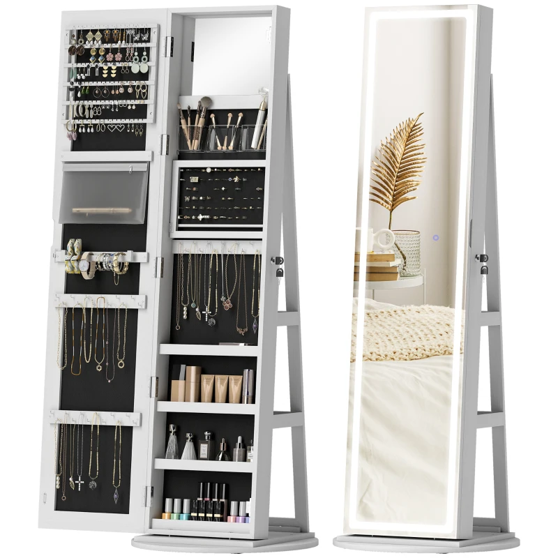 HOMCOM Storage Jewellery Cabinet, with Mirror and Lights - White