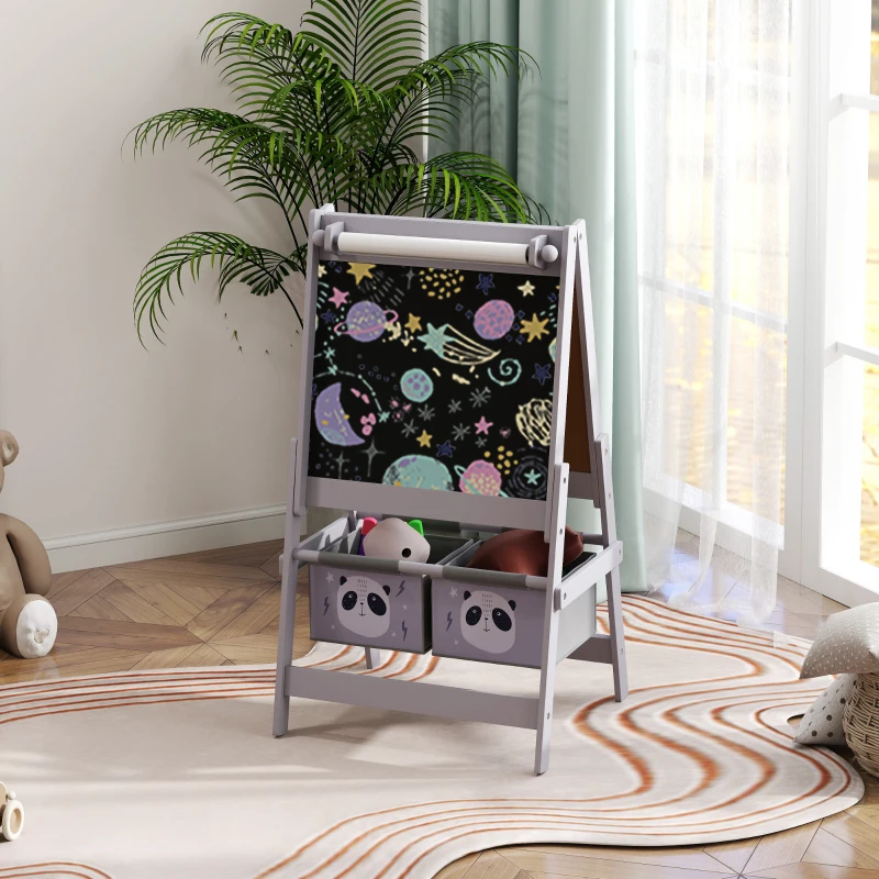 AIYAPLAY Tableau chevalet enfant ardoise double face tableau à craie rouleau papier 2 paniers 54 x 46,5 x 93 cm gris