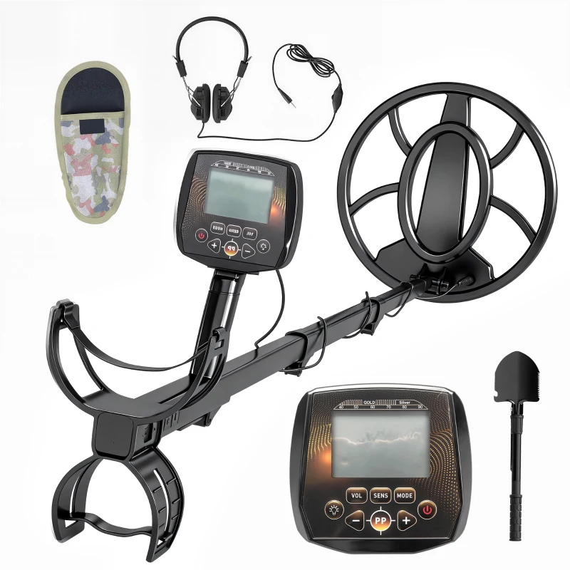 Outsunny Metal Detector for Adults, IP68 Waterproof Search Coil with LCD Display, 5 Modes Gold Detector with Carry Bag, Shovel
