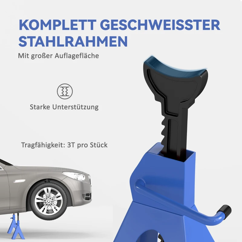HOMCOM Unterstellbock 3 Tonnen Traglast 2 Stück Stützbock 13 stufig Höhenverstellbar 385 mm bis 600 mm Blau