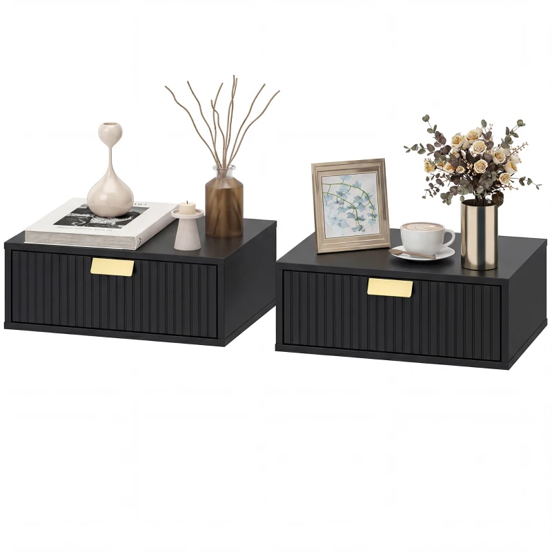 HOMCOM Modern Floating Nightstands Set of 2, Wall Mounted Bedside Tables with Wave Drawer Black