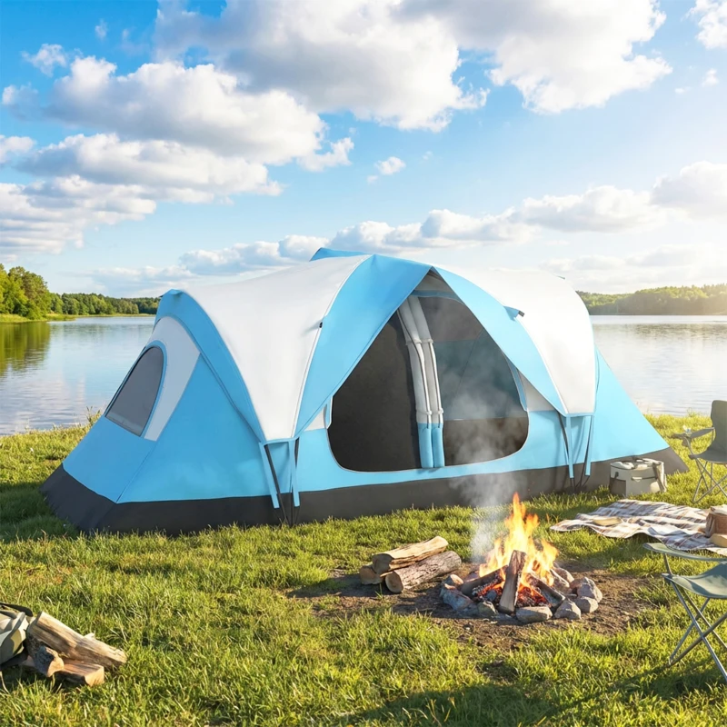 Outsunny Camping Tent for 6-8 Man with 2000mm Waterproof Rainfly and Carry Bag for Fishing Hiking Festival, Sky Blue