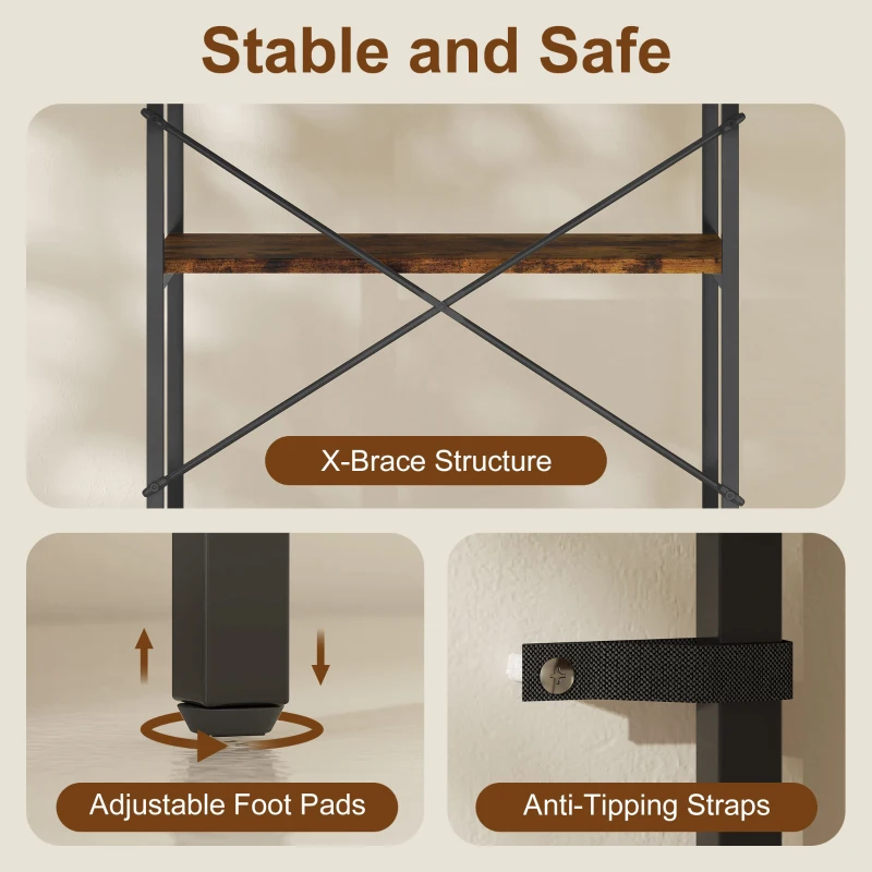 HOMCOM 5-Tier Bookshelf, Industrial Bookcase with Metal Frame - Rustic Brown and Black