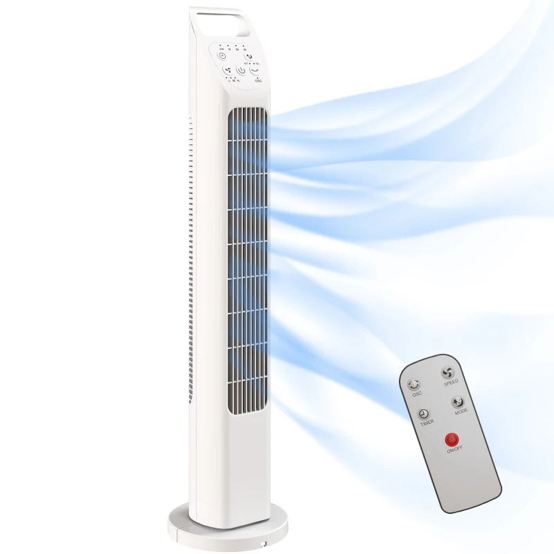 HOMCOM Ventilator turn cu telecomandă, temporizator 7,5 ore, ventilator silențios pentru dormitor, Alb