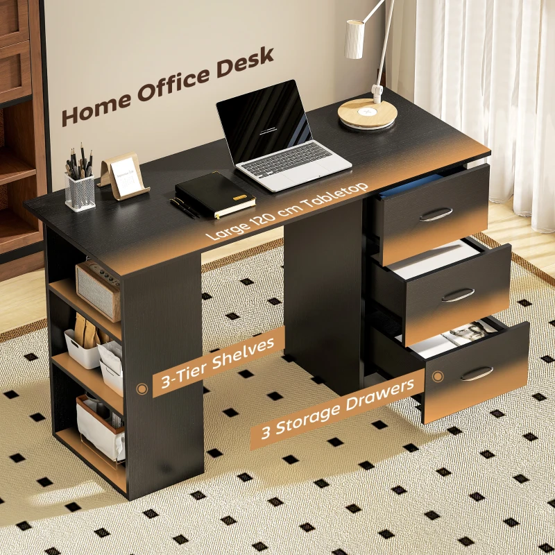 HOMCOM Computer Desk with Drawers, Home Office Desk, Writing Table, PC Workstation with 3 Storage Shelves for Working, Study, 120 x 49 x 72 cm, Black