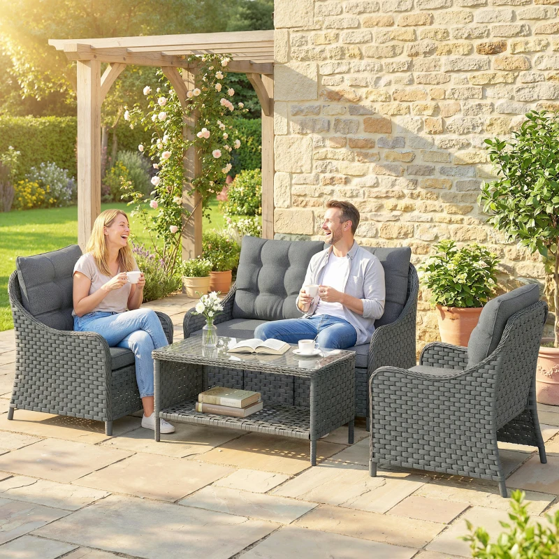 Outsunny 4-Piece Wicker Patio Furniture Set with 2 Armchairs, Loveseat, Glass Coffee Table, Conversation Sofa Set, Dark Grey