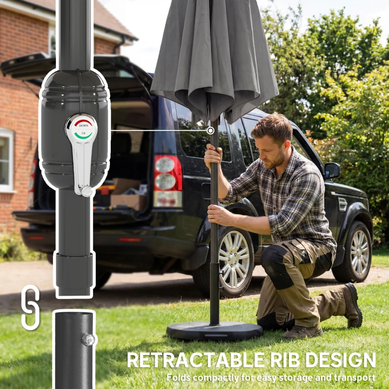 Outsunny 2.7 m Garden Parasol Umbrella with Cross Base and Sandbag, Retractable Ribs, Outdoor Table Market Umbrella, Light Grey