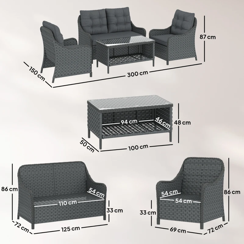 Outsunny 4-Piece Wicker Patio Furniture Set with 2 Armchairs, Loveseat, Glass Coffee Table, Conversation Sofa Set, Dark Grey