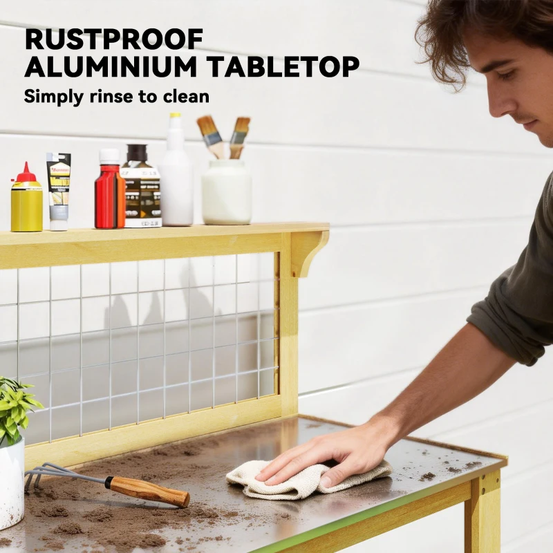 Outsunny Wooden Potting Bench Table with Aluminium Worktop, Outdoor Garden Workbench with 2 Shelves