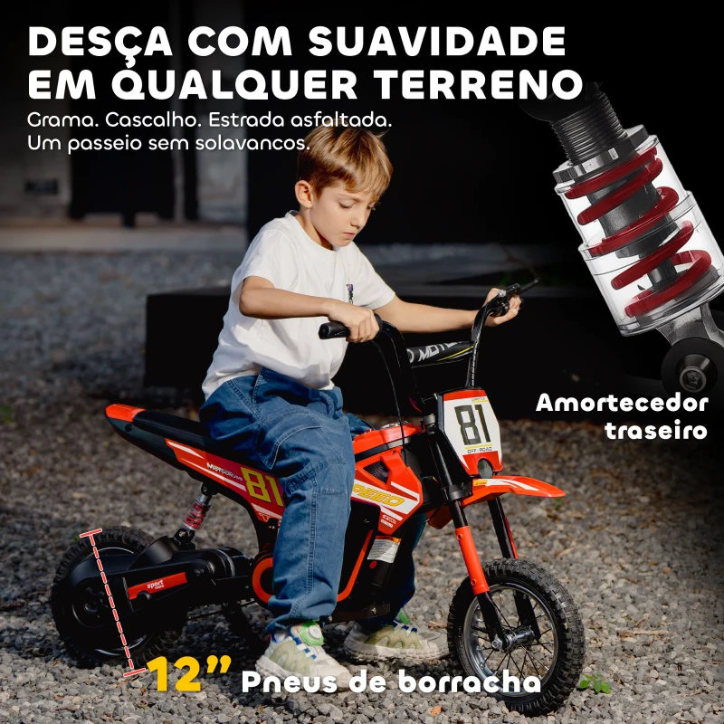 AIYAPLAY Mota Elétrica para Crianças 24V com Motor 250W Velocidade de 6-16km/h Rodas de 30,5 cm para Crianças de 8-12 Anos Vermelho