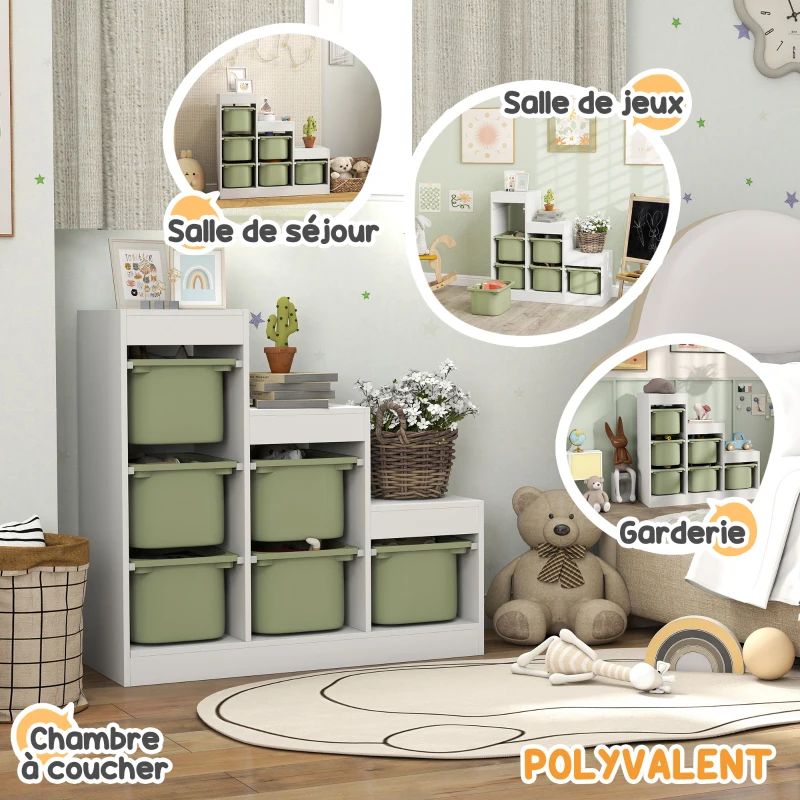 AIYAPLAY Meuble de rangement pour jouets des enfants avec 6 bacs amovibles, 3 niveaux de rangement, 96 x 38,5 x 90, vert