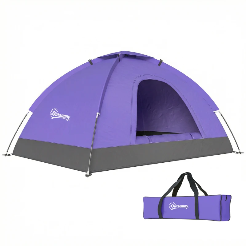 Outsunny 2 Person Camping Tent, Dome Tent with Zipped Doors, Storage Pocket, Portable Handy Bag, Light Purple