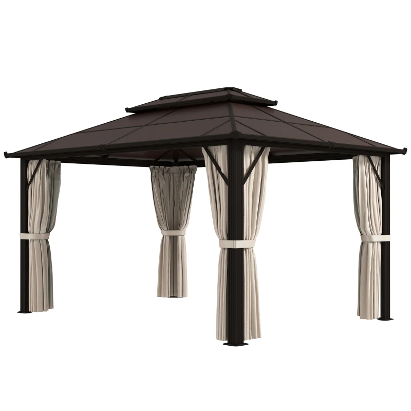Outsunny 3 x 4m Hardtop Gazebo Canopy with UPF30+ Double Polycarbonate Roof, Aluminium Frame Garden Gazebo Permanent Pavilion with Mosquito Netting and Curtains for Patio, Deck, Beige