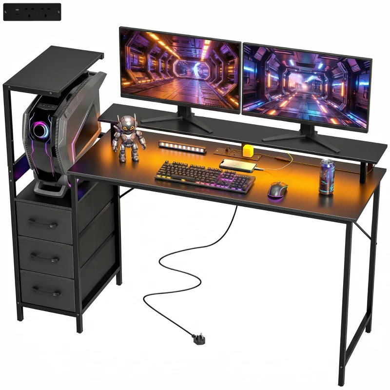 HOMCOM 147cm Gaming Desk with Charging Station and Monitor Stand, Computer Table for Home Office with RGB Lights, Black