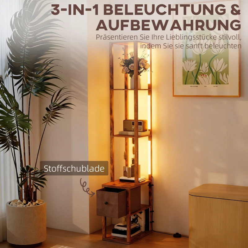 HOMCOM LED-Stehlampe mit Regalen, einstellbare Helligkeit, Fußschalter für Schlafzimmer, Rustikales Braun
