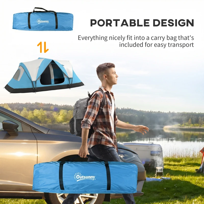 Outsunny Camping Tent for 6-8 Man with 2000mm Waterproof Rainfly and Carry Bag for Fishing Hiking Festival, Sky Blue