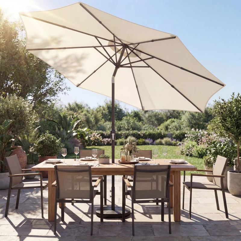 Outsunny 2.7 m Garden Parasol Umbrella with Cross Base and Sandbag, Retractable Ribs, Outdoor Table Market Umbrella, Cream White