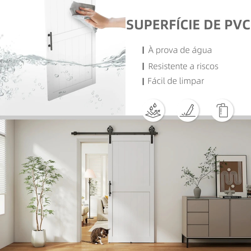 HOMCOM Porta de Correr Celeiro com Ferragens Porta Corredera de Interior com Puxador Rolo e Guia de Chão 91,5x213,4 cm Branco