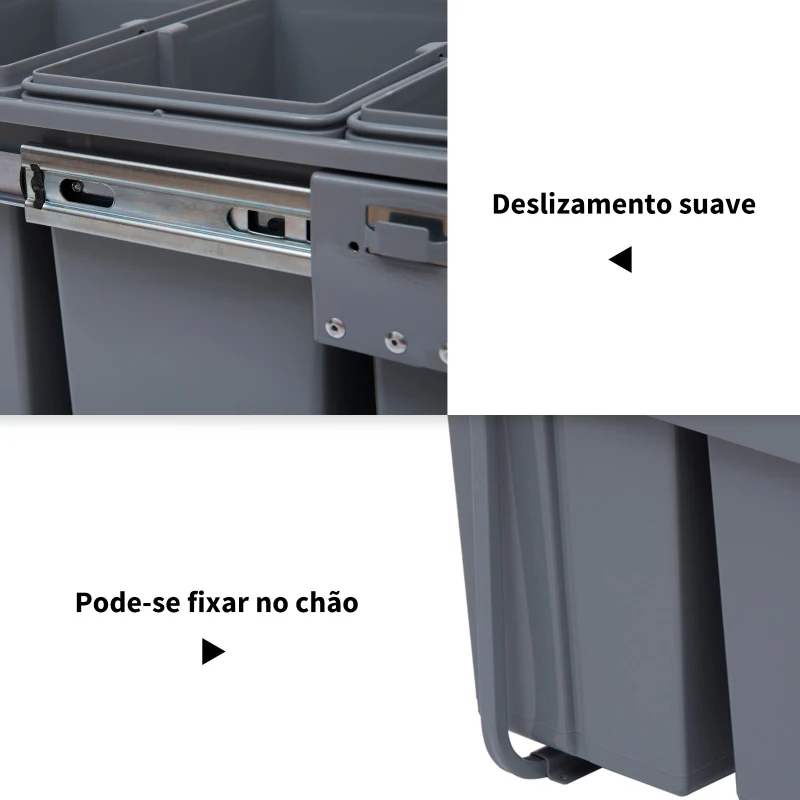 HOMCOM Cubos de Lixo para Cozinha com 3 recipientes de Reciclagem Removíveis 1x20L e 2x10L Metal e Plástico 48x34,2x41,8cm Cinza