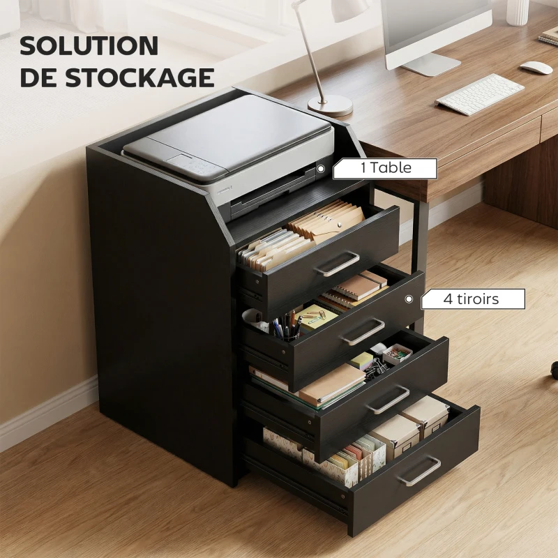 Vinsetto Caisson de bureau rangement sur roulettes 4 tiroirs coulissants en bois  40 x 36 x 65 cm noir