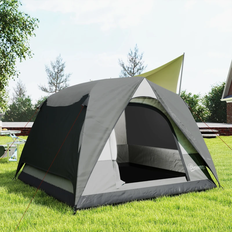 Outsunny 3-4 Person Camping Tent, Easy Set Up 3-4 Man Tent w/ Sewn-in Groundsheet, Waterproof Dome Tent w/ Mesh Windows, Grey