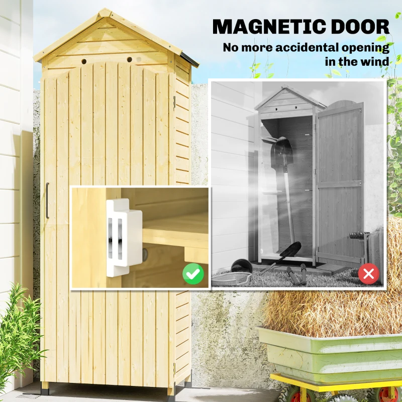 Outsunny Armadio da giardino in legno con tetto zincato, 85x58x213 cm, Naturale